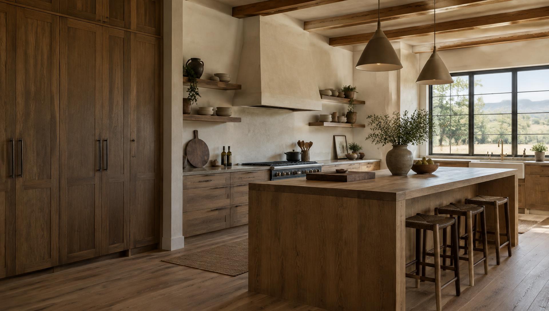 A sunlit kitchen with oak cabinetry, timber ceiling beams and wooden cutting boards on a solid wood island